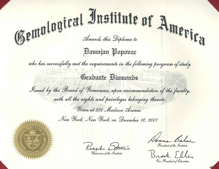 Gemological Institute of America diploma issued to Damjan Popovac
