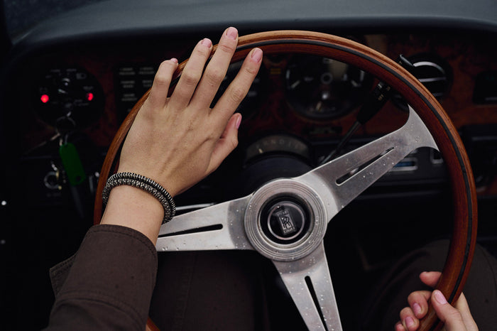 Bracelet at a vintage steering wheel